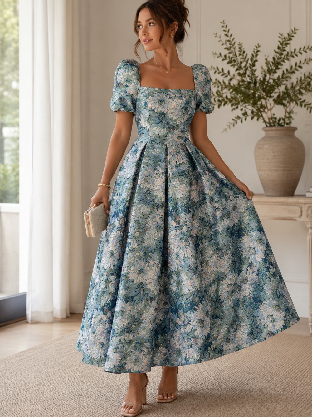 NEW - Blue Floral Puff Sleeve‎ Midi Dress Elegant Cottagecore Maxi Dress